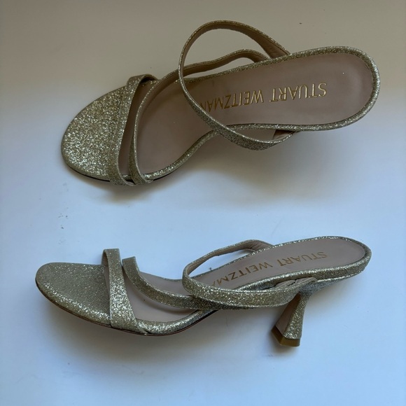 STUART WEITZMAN PATRON GLITTER GOLD STRAPPY SLIDE SANDAL CURVE HEEL Sz 6 - Picture 2 of 6